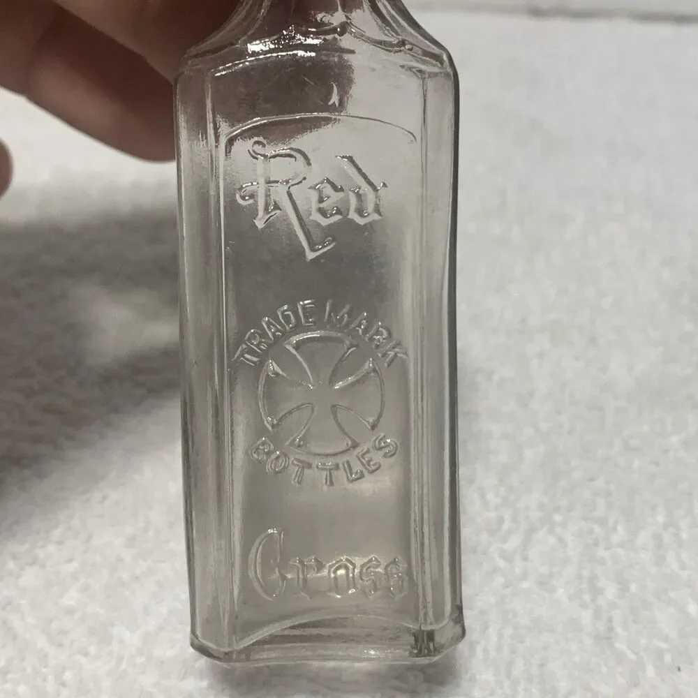 Vintage 4” Red Cross Clear Glass Bottle, Trademark Bottles